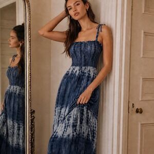 Boho Tie Dye Maxi Dress Womens Size S Blue Smocked Summer Beach Coastal Sundress